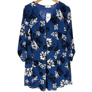 NWT Nordstrom Lush Blue Teal Floral Carly Shift Mini 3/4 Sleeve Dress Size Large